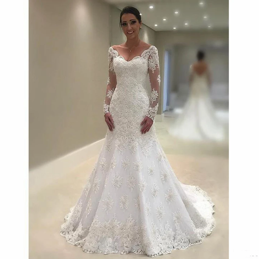 Robe de mariée sirène en dentelle, col en V, manches longues, Sexy, dos nu, grande taille, traîne, nouvelle collection 2021