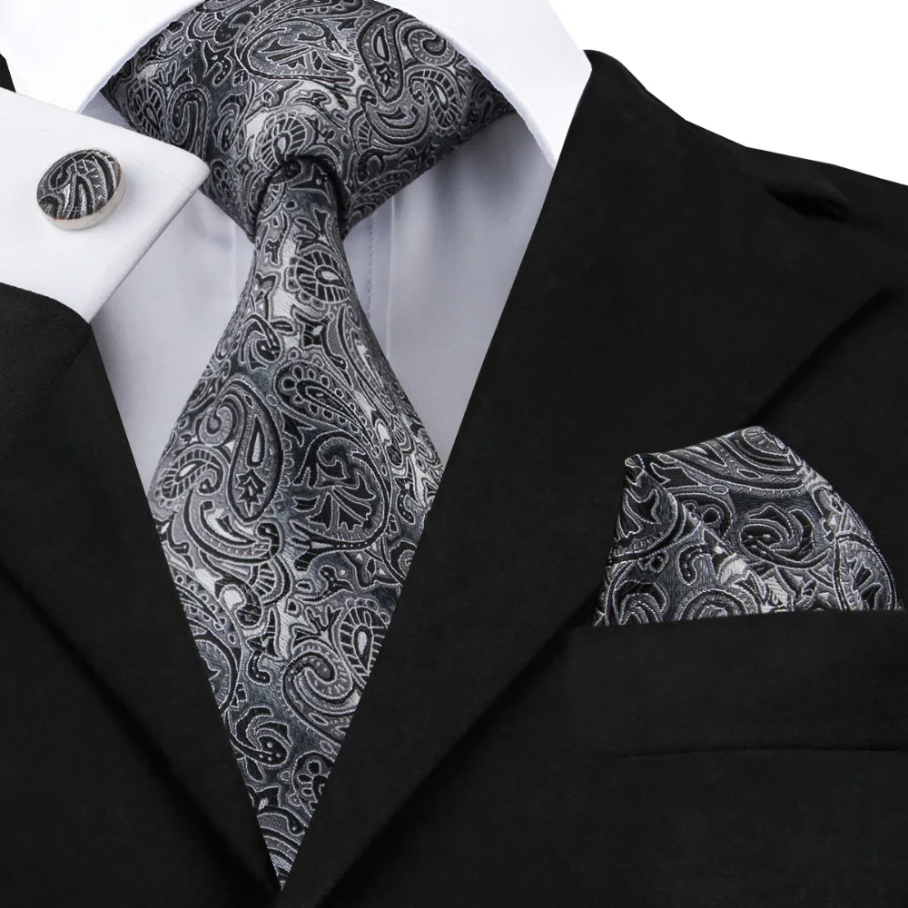 

Hi-Tie Mens Gray Black Paisley Tie Hanky Cufflinks Sets 100% Floral Silk Ties for Men Formal Wedding Party Groom