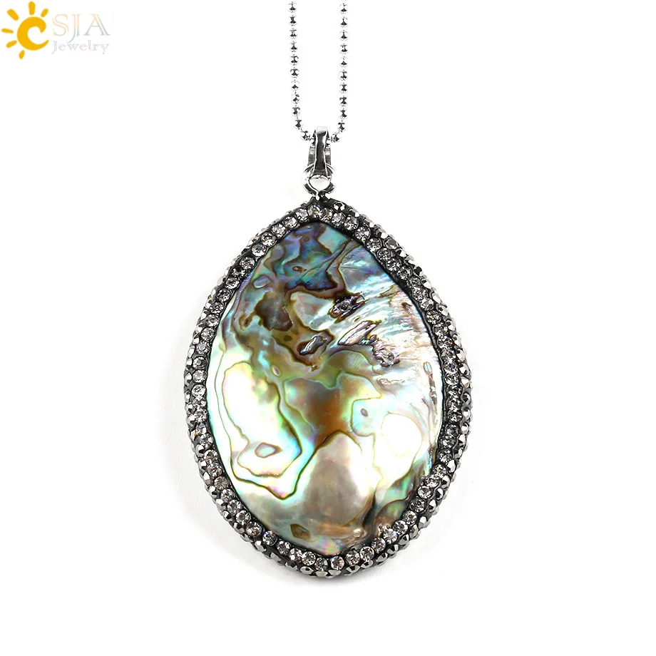 CSJA New Zealand Natural Abalone Oyster Paua Shell Pendants Necklace Mother of Pearl Beads Rhinestone Reiki Jewelry Making E525