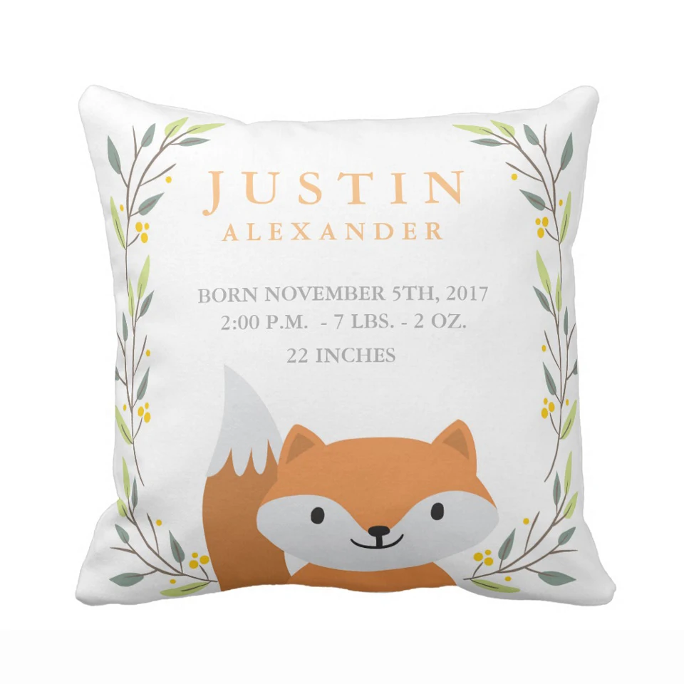 Custom Woodland Forest Birth Stats Baby Nursery Throw Pillow Cover Home Decorative Polyester Cushion Covers Baby Gift