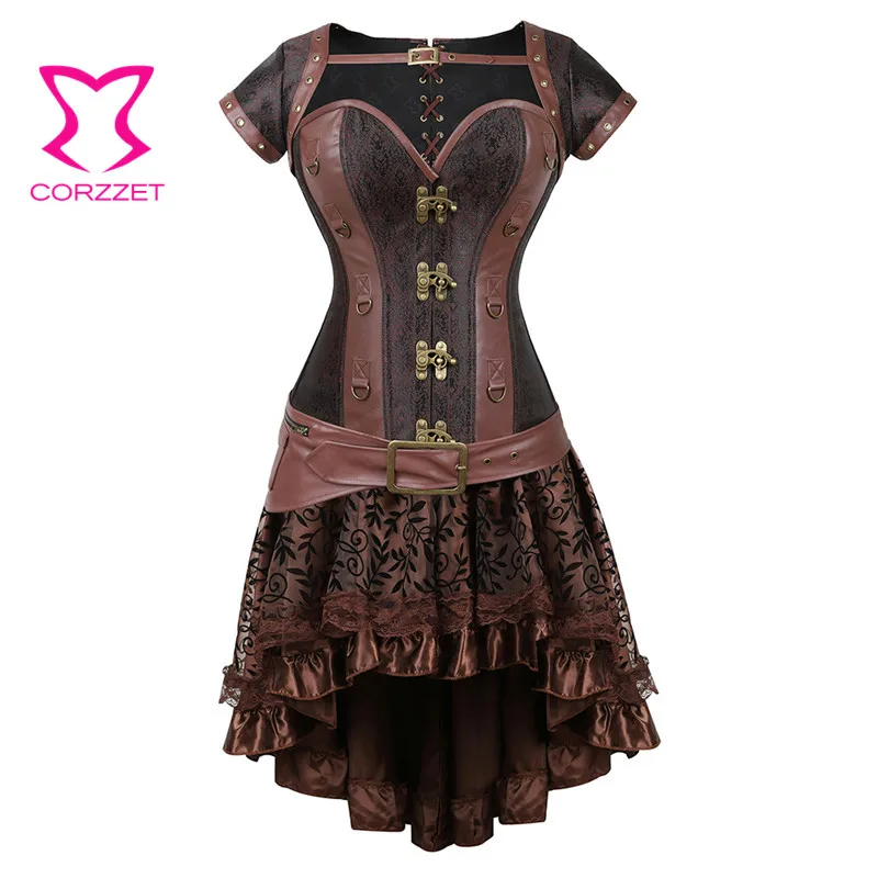 

Corzzet Retro Brocade&Leather Steampunk Steel Boned Overbust Corset Skirt Waist Trainer Bustiers Burlesque Costume Corset Dress