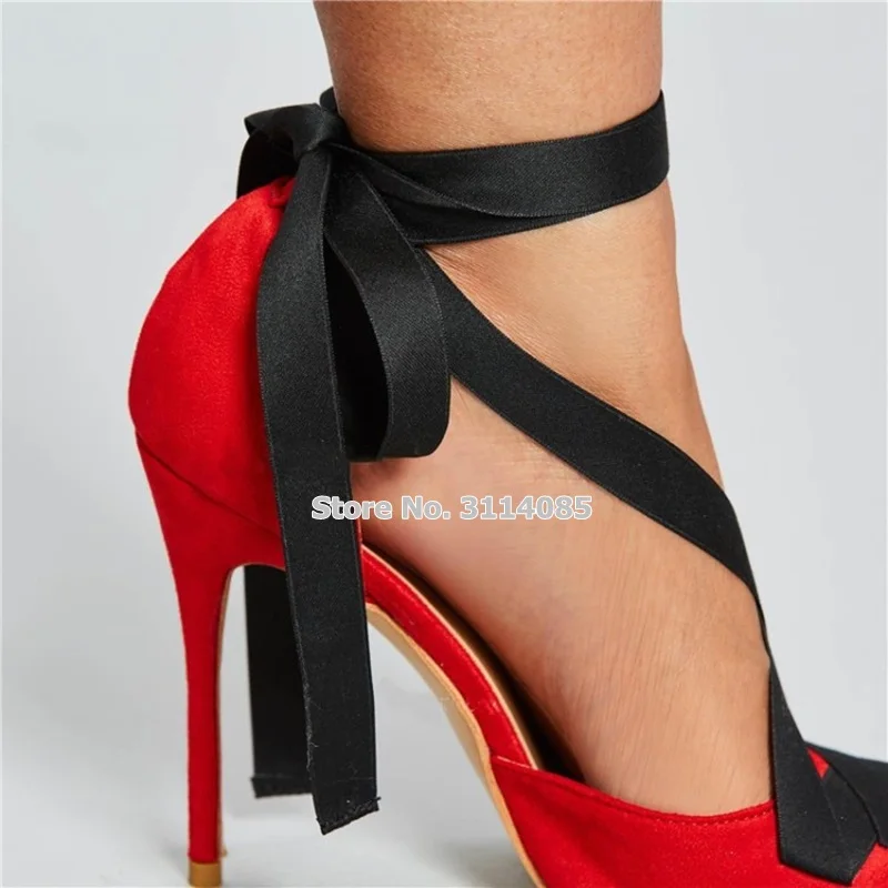 Women Elegant Red Suede Black Ribbon Mixed Color Dress Pumps Stiletto Heel Pointed Toe Shoe Cross Strappy Lace-up Wedding Shoes