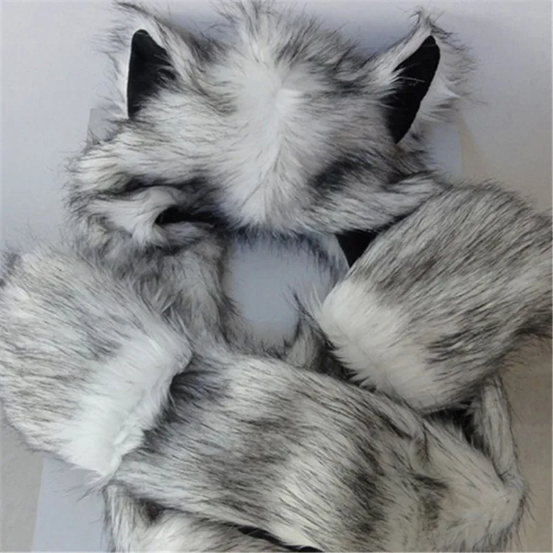 Women Fashion Wolf Ears Paws Faux Fur 3 in 1 women\'s  Hat Scarf Mittens Winter Warm Cap Wolf Hat