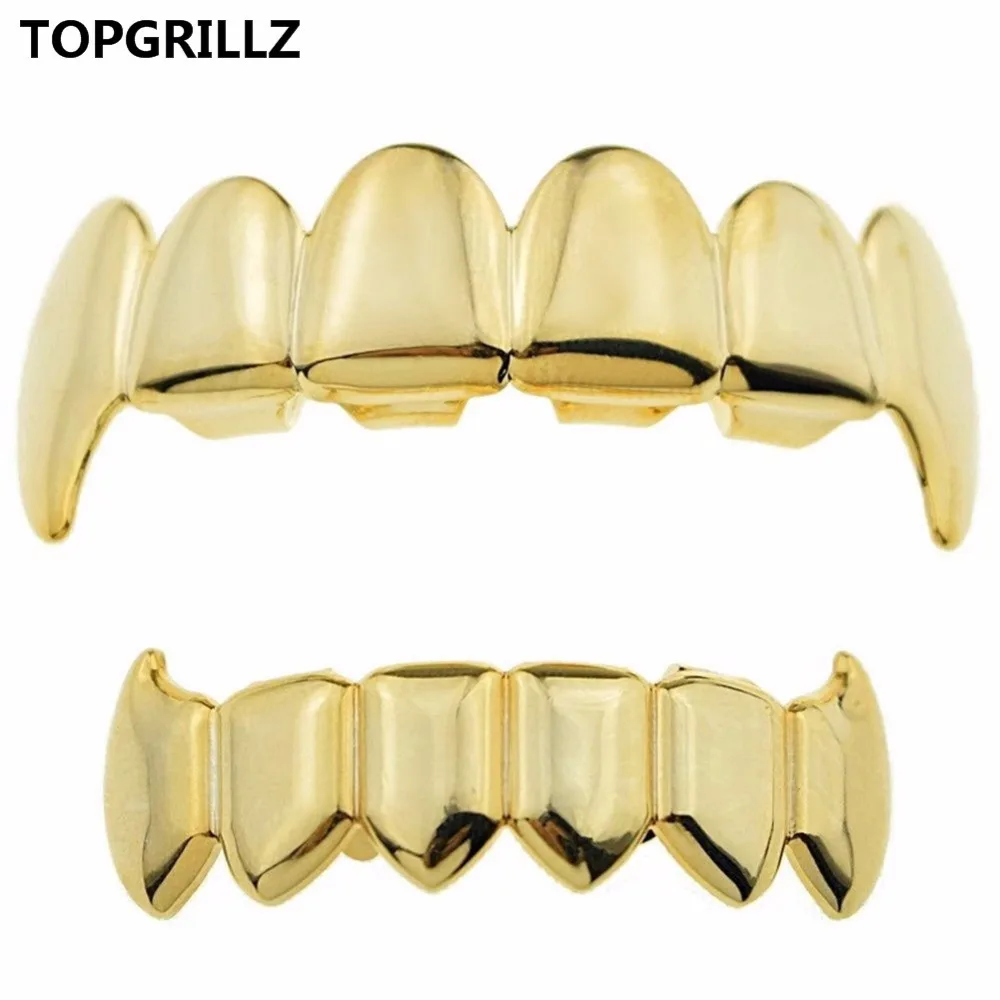 TOPGRILLZ Gold Silver Plated HIP HOP Teeth Grillz Top & Bottom Grills Set With silicone Real Shiny Vampire Tooth Sets