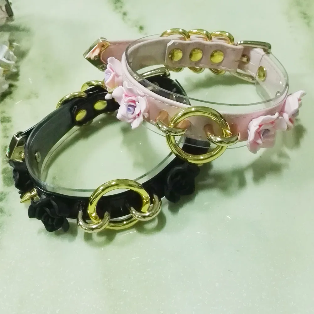 Hand Crafted Layered Flower Choker Spiked Studded Golden Pink Black Lolita Fashion Collar Cute Kawaii Floral Necklace