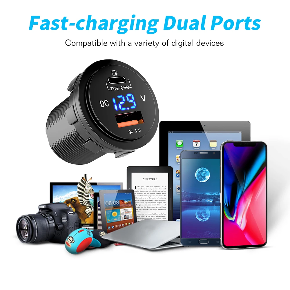 MICTUNING 36W Fast USB-C Car Charger USB Quick Charge PD QC3.0 Type C Socket W/ LED Digital Voltmeter Universal Power Outlet