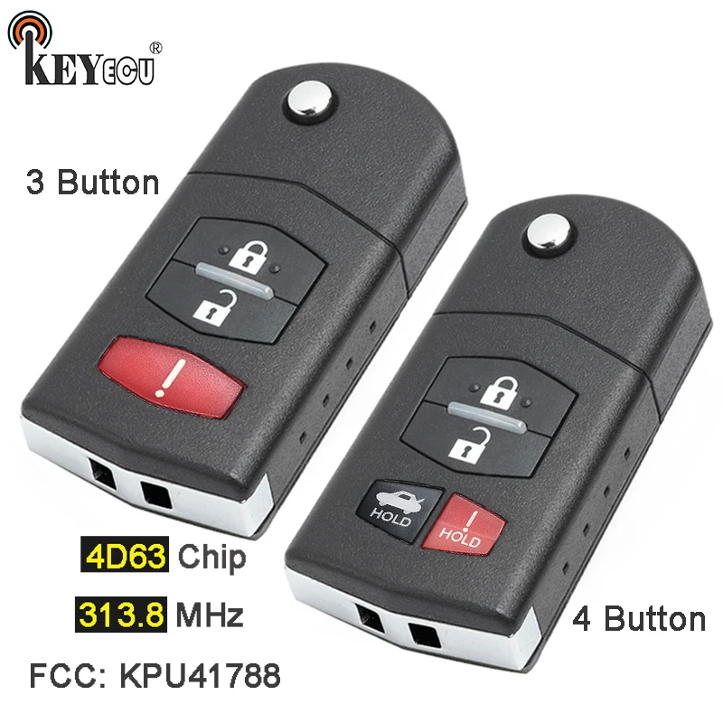 

KEYECU 313.8MHz 4D63 FCC: KPU41788 Replacement Flip Folding 2+1 3/ 3+1 4 Button Remote Key Fob for Mazda 6 RX-8 MX-5 Miata Sedan