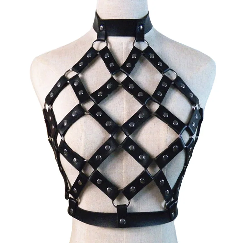 

New Sexy Women Suspender leather Body Harness Gothic Lingerie Adjustable metal Body Bondage Holographic hollow Chest Belt cool