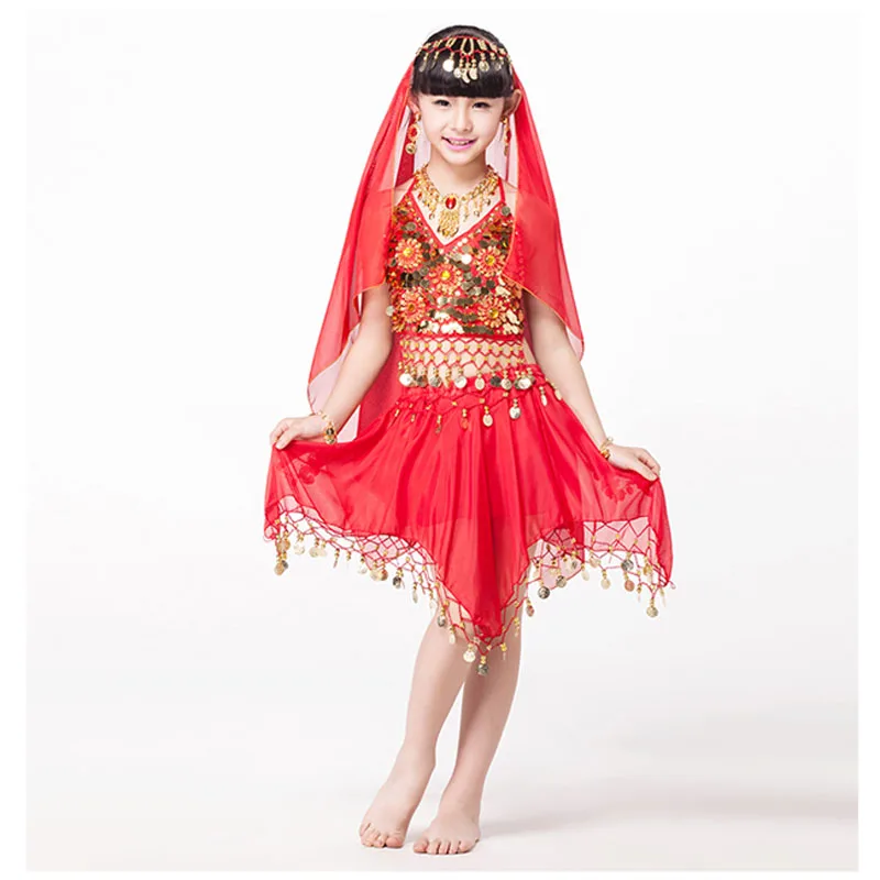 Kids Belly Clothes Silk Veils Belly Dance Set Top&Skirt With All Decoration,Indian Belly Dancing Suits Outfit