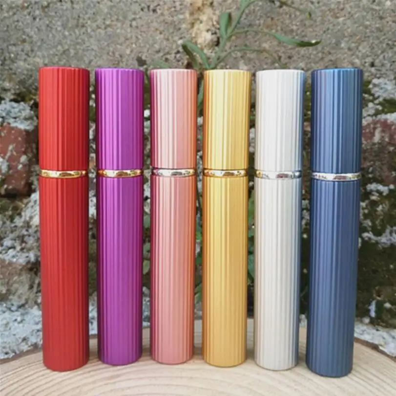 100Pcs/lot 8 ML Straight Stripe Aluminum Perfume Glass Spray Cosmetics Packaging Sprayer Perfume Bottle