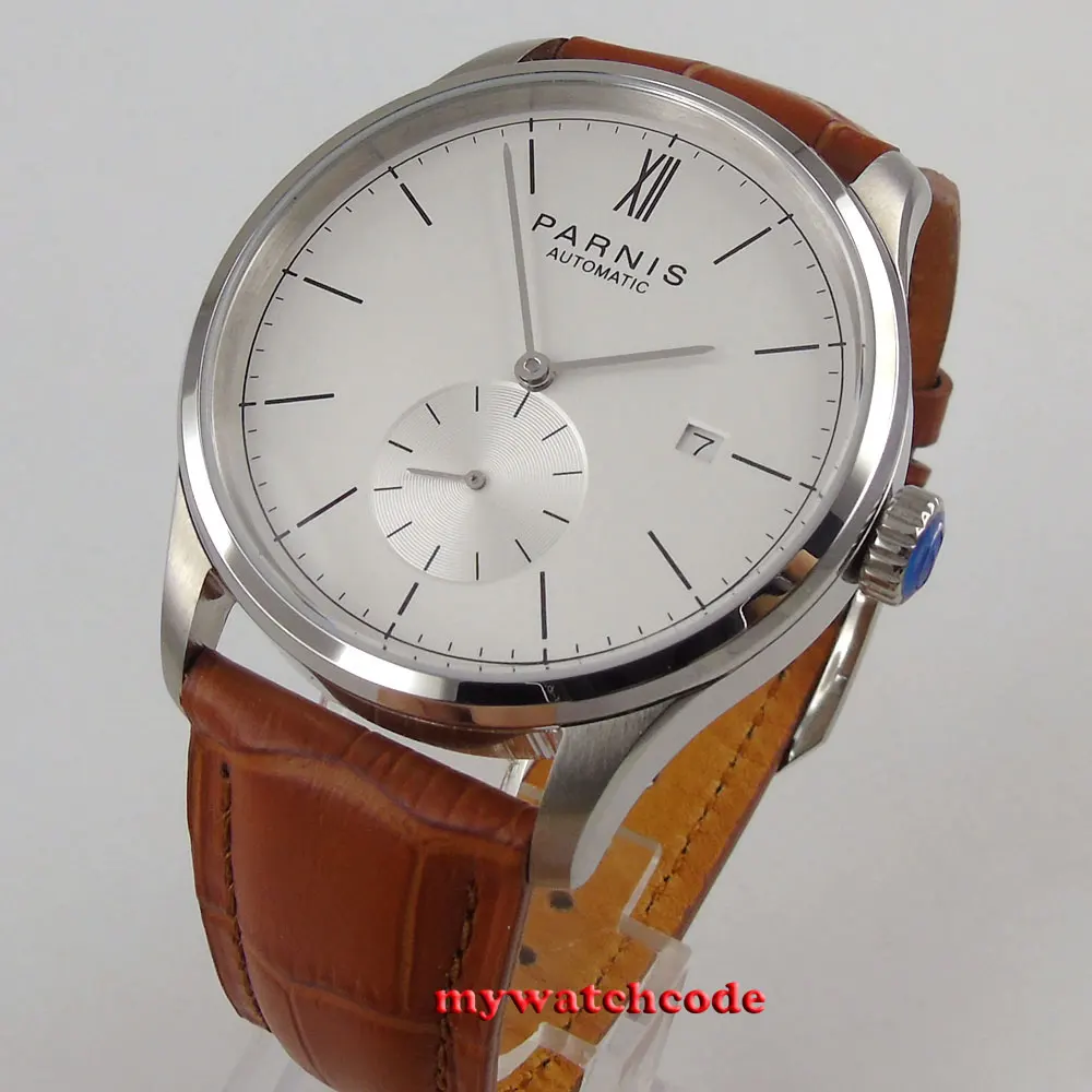 Famous Brand 42mm Parnis White Dial Date Window ST1731 Automatic Mens Watch Leather Strap Clear Case Back Simply Style