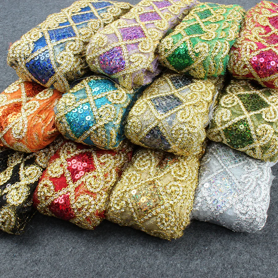 10 Yards/lot High Quality Colorful Diamond Sequin Lace Fabric for Curtain Home Textile Accessories 5.8cm Wide