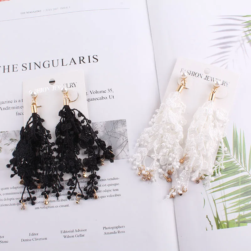 JIOFREE Fashion Clip on Earring no pierced Female Hanging Tassel Flower Fringe Statement Boho Lace Women Wedding Pendant Jewelry