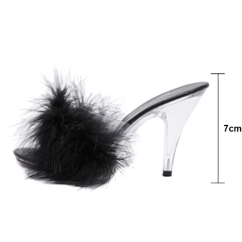 Sexy 7CM 10CM Feather Party High Heels Shoes Women Summer Fur Transparent Slippers Plus Size 34-45 Ladies Sandals WS0019