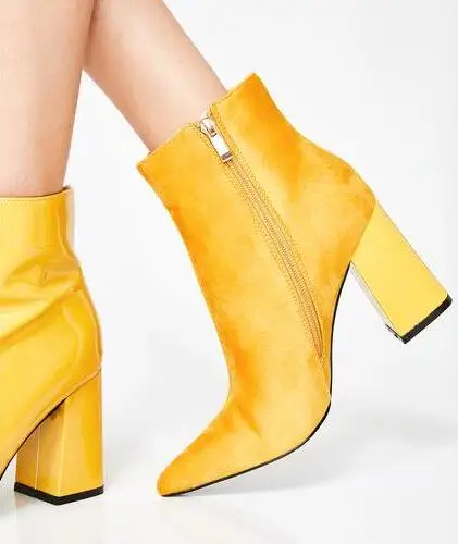 Spring New Women Fashion Solid Purple Yellow Pu/Suede Pointed Toe Zip Rough Heels Comfortable Ankle Short Boots Big Size 42