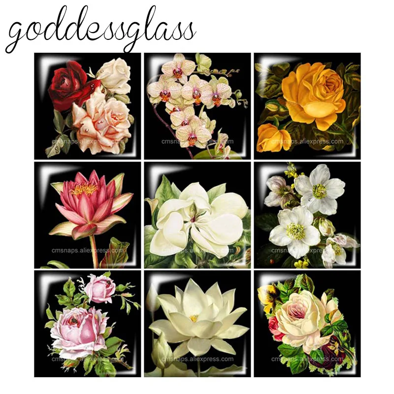 New Fashion Beauty Flowers Vintage Rose 12mm/20mm/25mm/30mm Square photo glass cabochon demo flat back Making findings