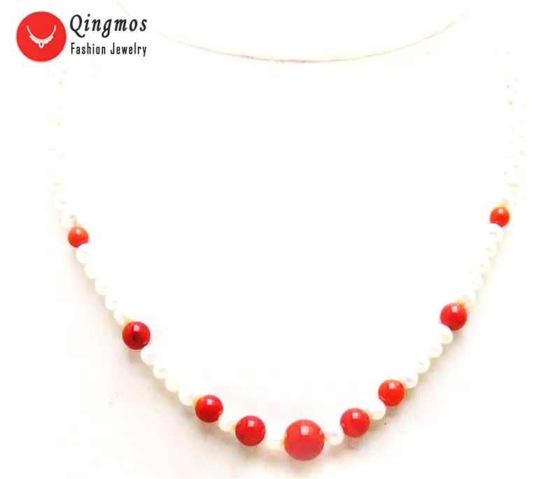 

Qingmos 5mm Round Natural White Pearl Necklace for Women Jewelry with 6-8mm Red Coral Pendant Necklace 17" Chokers
