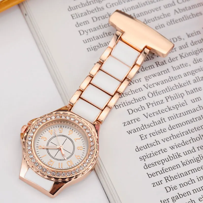 New Fashion Ladies Crystal Rose Gold Nurse Clip-on Watch Analog Brooch Elegant Steel Women Quartz Luxury Nurse FOB Pocket Watch