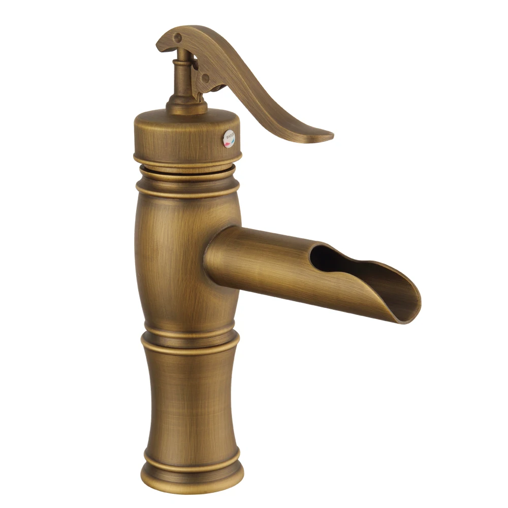 

Vintage Solid Brass Bathrooom Basin Faucets Single Holder Single Hole Deck Mounted Hot Cold Water Tap Water Fall Faucet