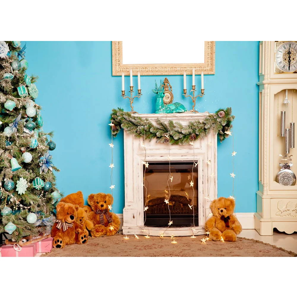 

Indoor Fireplace Christmas Tree Photography Background Blue Wall Printed Candles Toys Bear Kids Xmas Party Photo Booth Backdrop