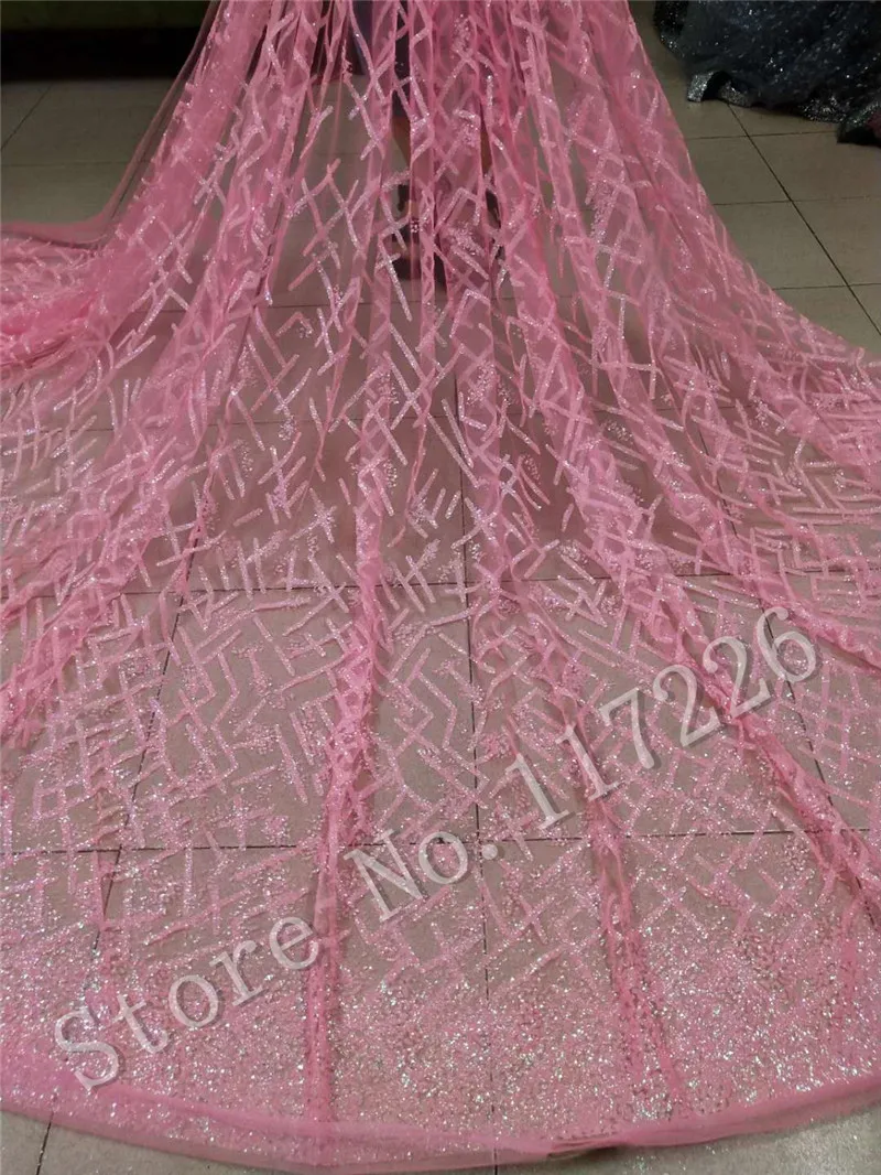 

Light pink color New design glued glitter african lace fabric JRB-92807 glued glitter sequins French tulle lace fabric