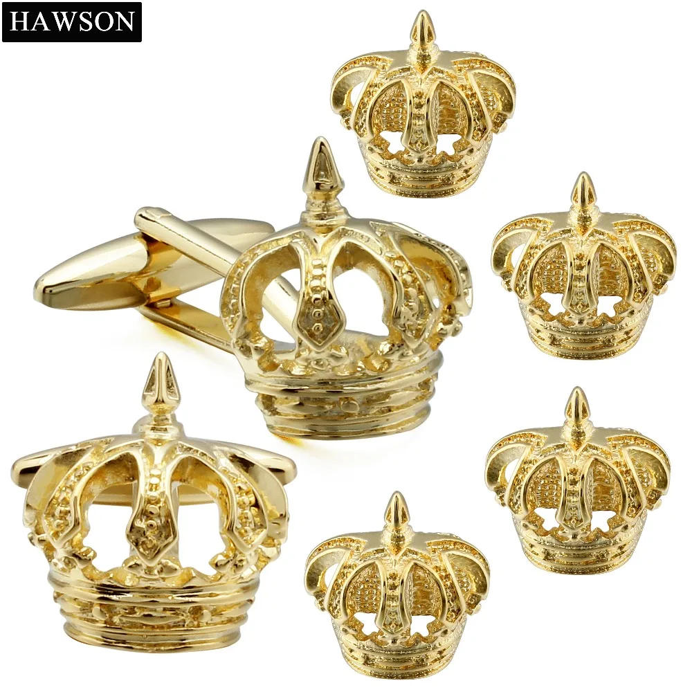 

HAWSON Crown Cufflinks Studs Sets Golden Metal Cuff Links Buttons for Tuxedo Shirt For Groomsmen Wedding Shirt Jewelry