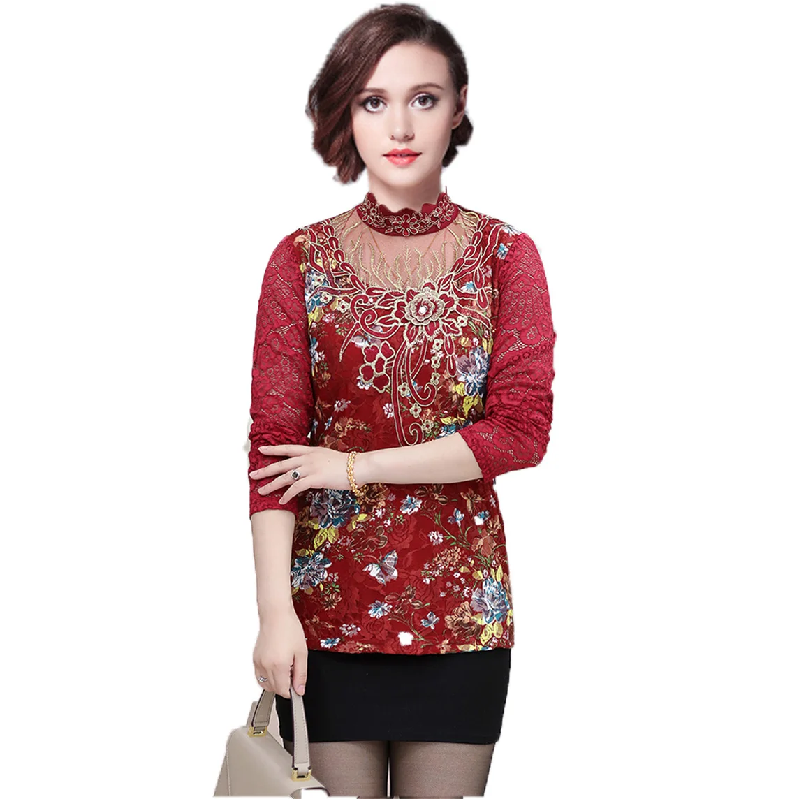 Women Lace Blouses 2019 Turtleneck Sexy Bodycon Floral Embroidery Lady Shirts Mom Tees Shirts Femme Blusas Feminina Red Blue Red