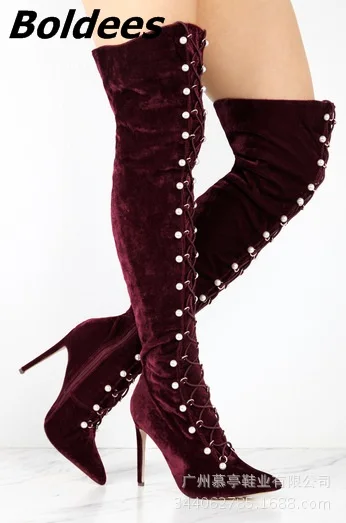 

Fancy Soft Velvet Stiletto Heels Thigh High Boots Sexy Women Pearl Cross Strap High Heel Over The Knee Boots Fashion Pointy Shoe