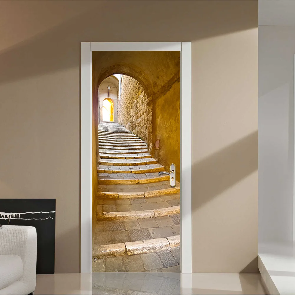 Funny 3D Stone Stairs Door Sticker Bedroom Livingroom Door Renovation Mural New Peel and Sticker Decorative Art Decal on Door