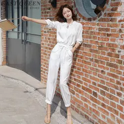 White Jumpsuit 2019 Summer Spring Hip Hop Overalls Elastic Waist Half Sleeve Harem Jumpsuits Pocket Women Dungarees DD2223