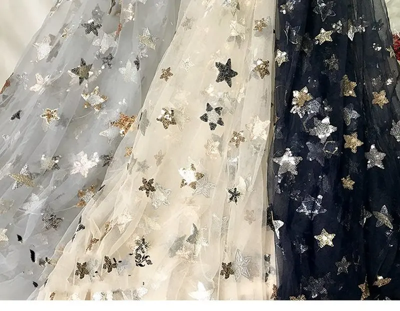 GLace 1Y/Lot Sequin Mesh Fabric Stars Embroidery Fabric for Dress Wedding Lace Decoration Custom DIY Lace Fabric TX924