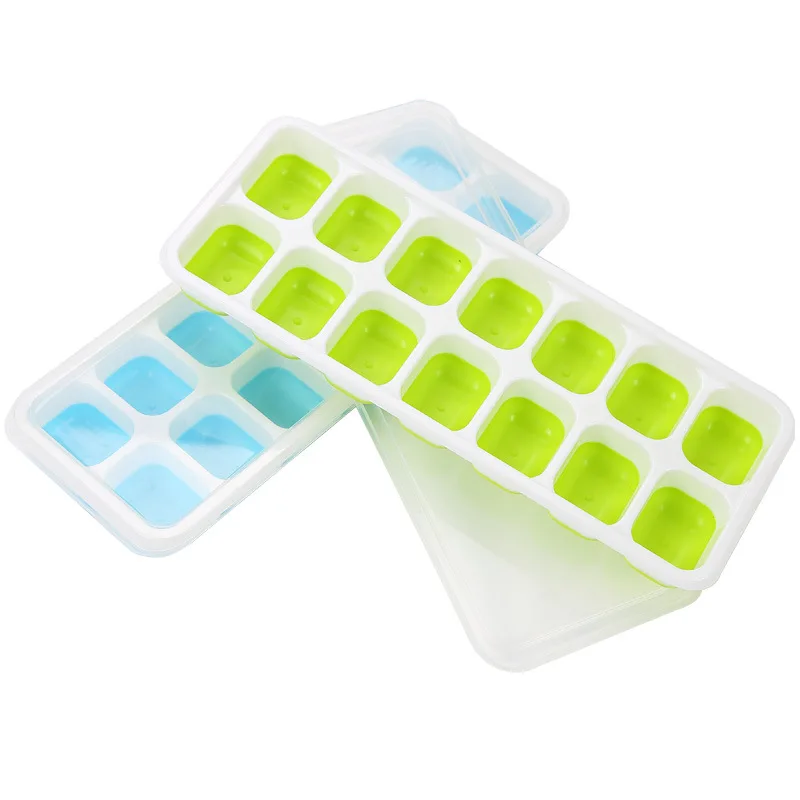 2 Colors 14-Hole Silicone Ice Cube Mold Tray with Rectangle-shape Ice Jelly Moulds with Lid Ice Cream Tools lin3651