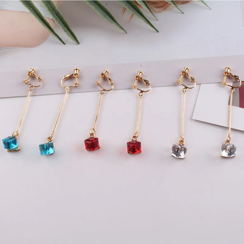 JIOFREE Fashion bride 3 color Long crystal Clip Earrings Without Piercing for Women Elegant Vintage Style Clip On Earrings