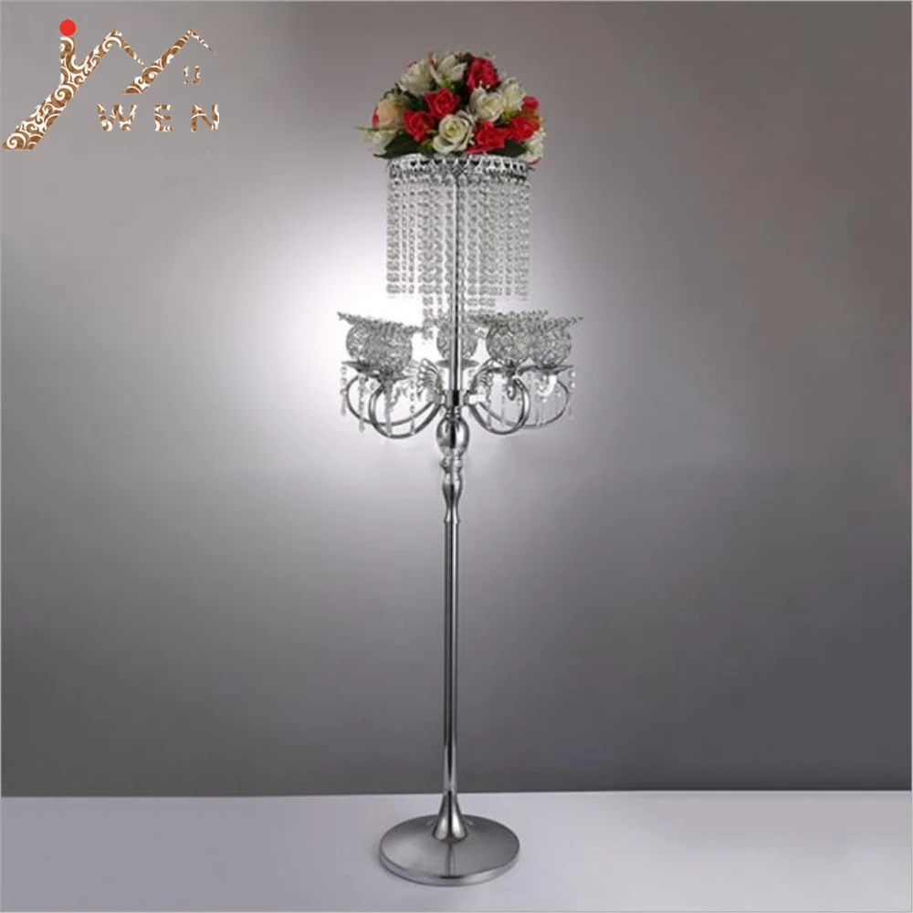 130CM Silver Metal Candelabras With Pendants Romantic Flower Rack Wedding Table Centerpiece Home Decor Candle Holder 6 Pcs /Lot