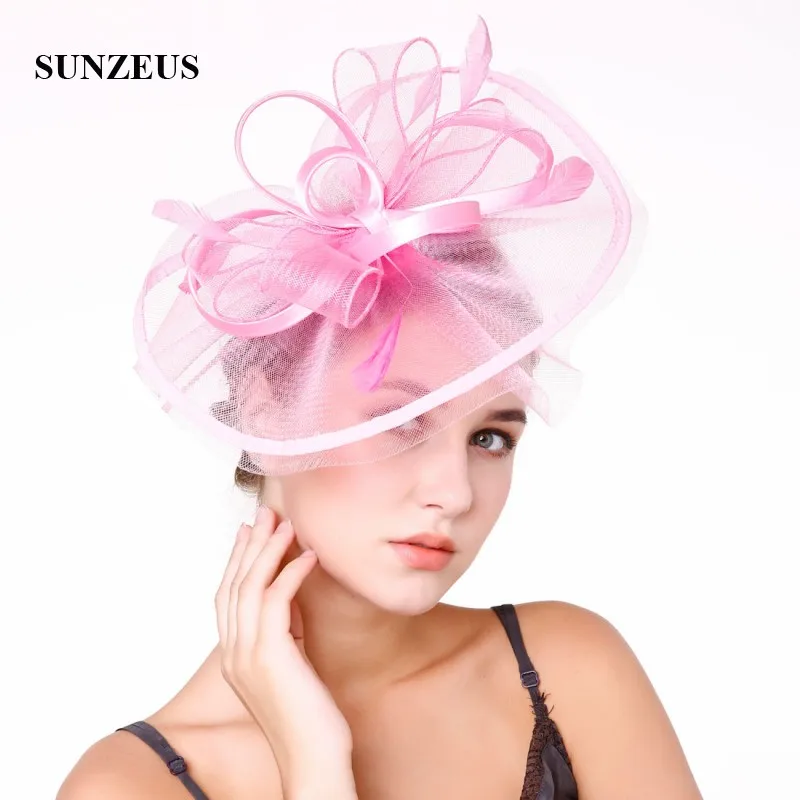 Ribbon Satin Flowers Big Hats for Bridal Feathers Fascinators Wedding Party Hat Hair Accessories Tulle cappelli da cerimoni SH48