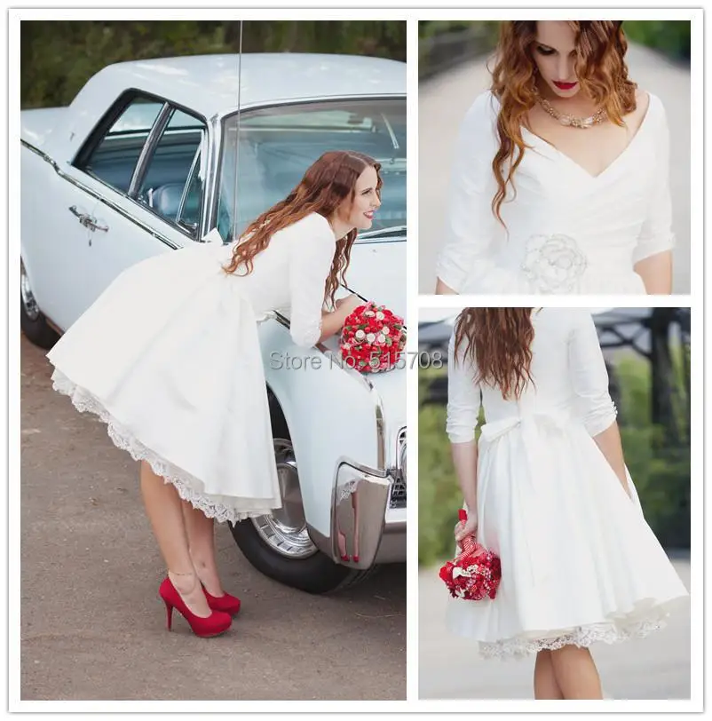 

Short White Dress Off-shoulder V Neck Half sleeves Ball Gown Wedding Dresses Covered Button Knee-Length Bridal Gown