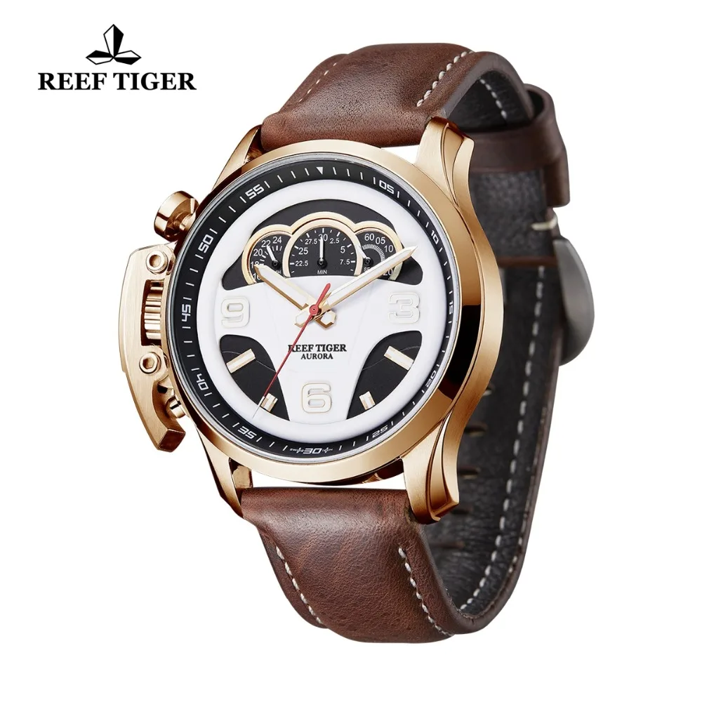 Reef Tiger/RT Mens Fashion Sport Watches Dashboard Dial Genuine Leather Strap Chronograph Stop Watches RGA2105