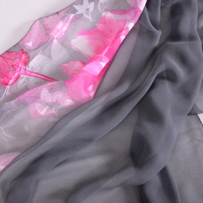 [BYSIFA] Grey Pink Silk Scarf Shawl Women Autumn Winter Chiffon Floral Long Scarves Summer Ladies Beach Cover-Ups Shawl 180*80cm