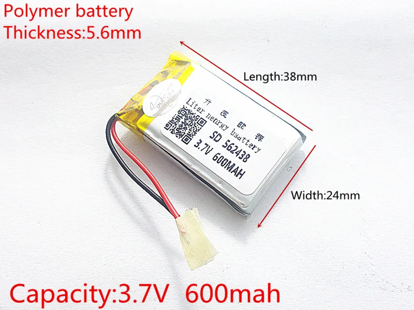 3.7V 600mAh 562438 Lithium Polymer LiPo Rechargeable Battery ion cells For Mp3 Mp4 Mp5 DIY PAD DVD E-book bluetooth headset