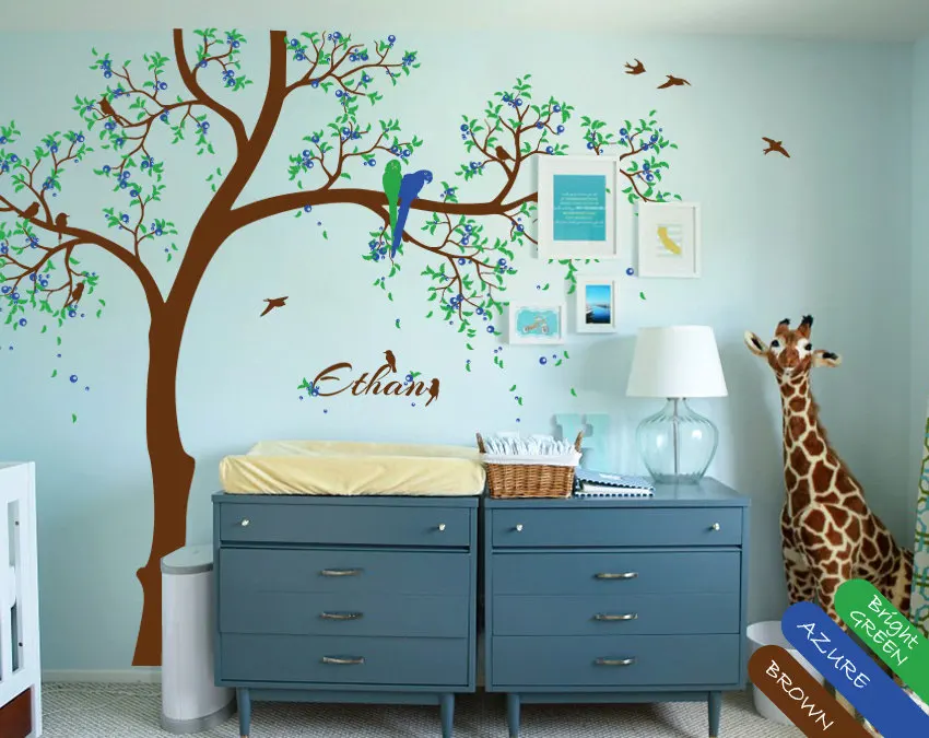 Playroom wall decals with personalized baby name and parrots snuggling, Wall tattoos, Nursery Wall Sticker Tree JW232