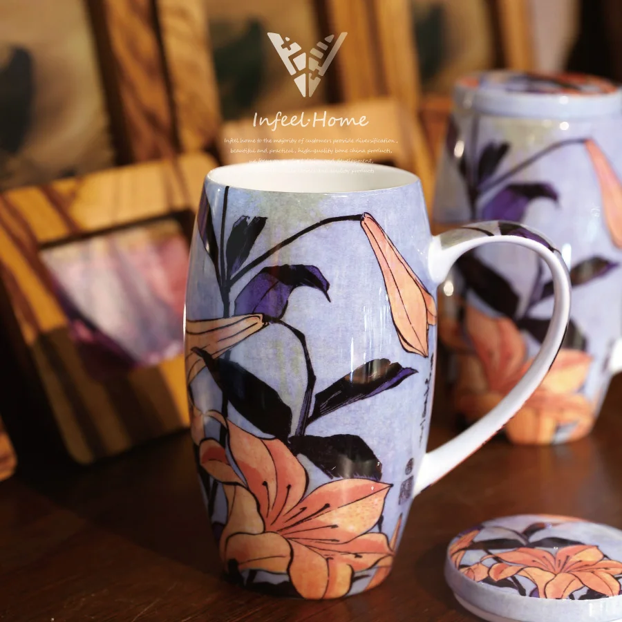 

Famous Painting Lily Mug With Lid Bone China Cup Send Spoon Creative Large Capacity Cup Couple Retro Cup