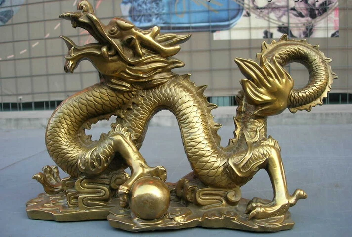 

16“ Chinese Royal exquisite Copper Brass Fengshui Lucky Fly Dragon Paly Bead Statue 41CM