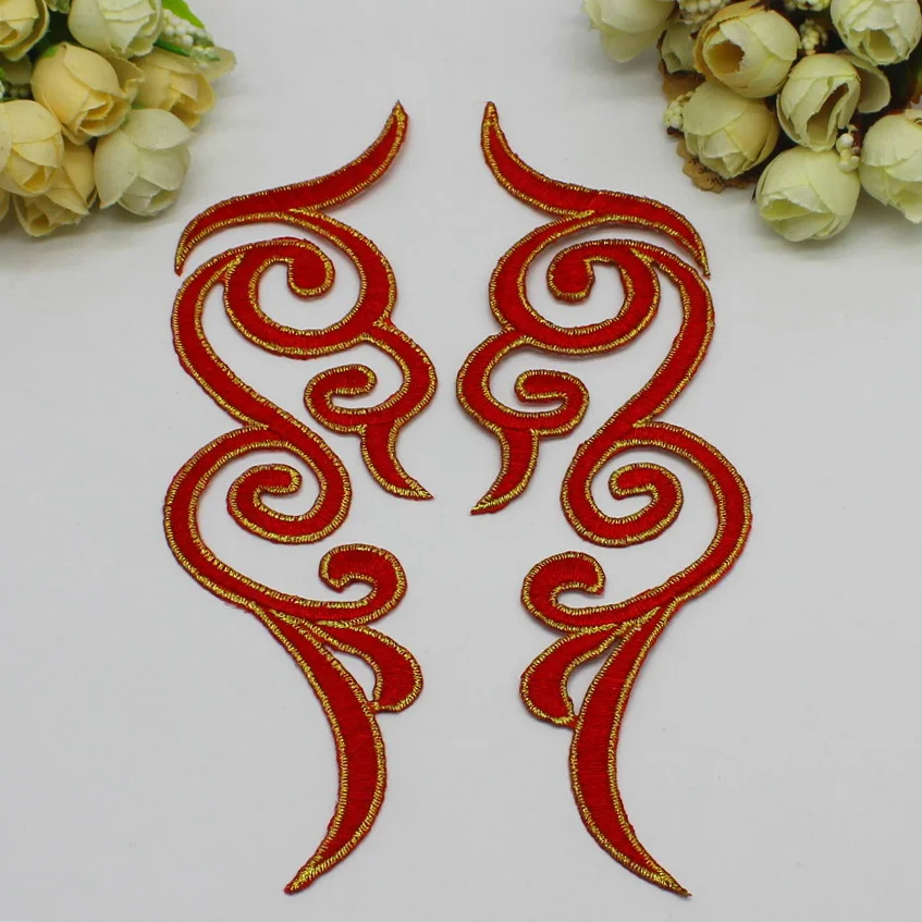 1 paio di ferro su Appliques finiture ricamate in oro abito Cosplay fai da te pizzo Trim Mirrow coppia patch fiore Pad 18cm-5.0cm