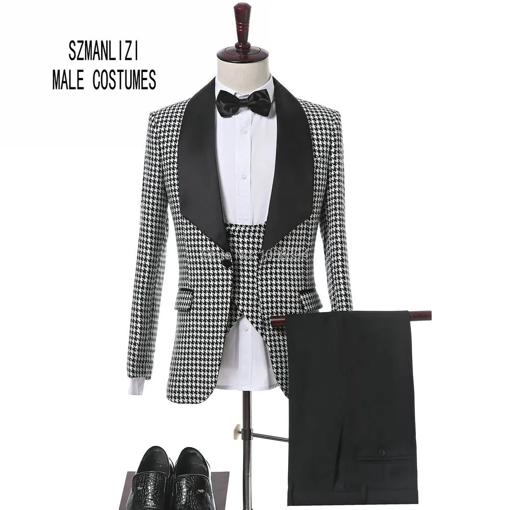 

2024 Latest Coat Pant Designs Elegant Men Suit Plaid Shawl Lapel Slim Fit 3 Piece Wedding Tuxedo Custom Formal Groom Suit Blazer