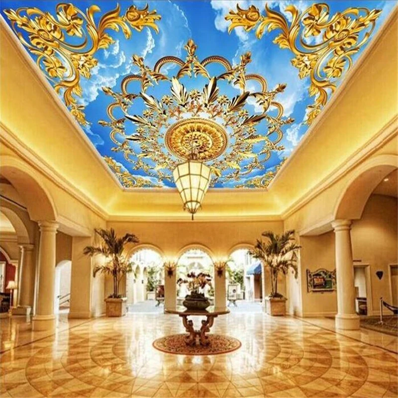 

beibehang Custom wallpaper 3d European church gold blue sky white cloud ceiling wallpaper cloth gold brilliant ceiling wallpaper