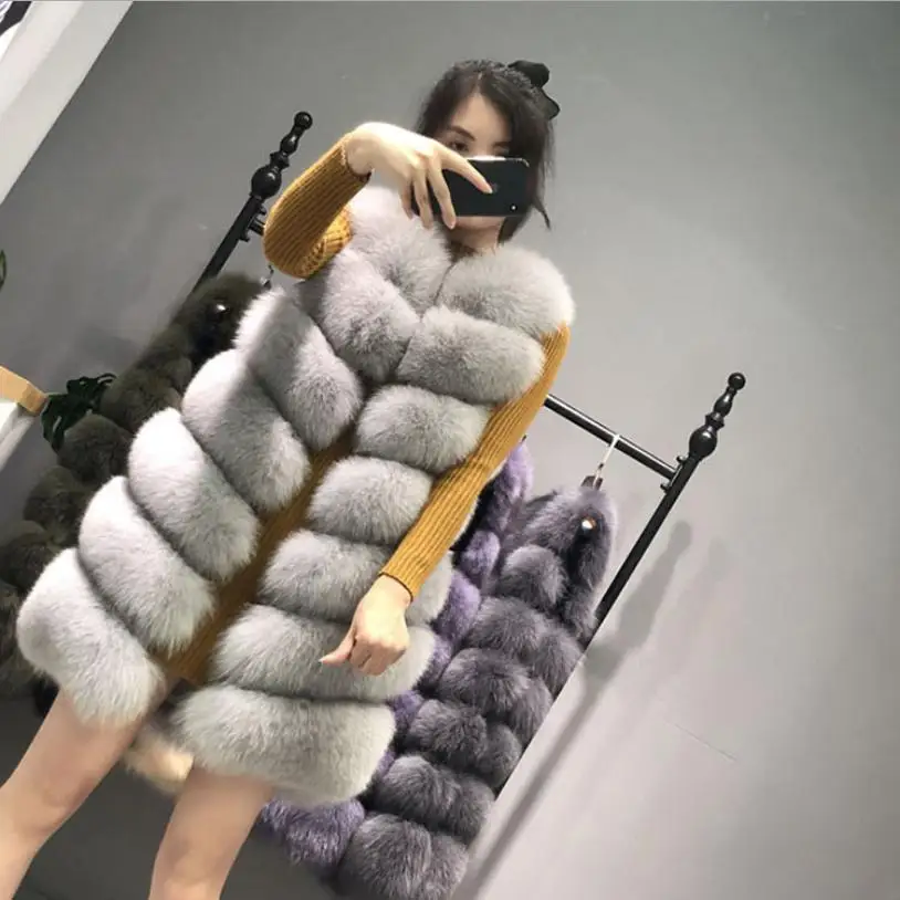 S-3XL Winter fashion women 7 steps imitation fox fur vest coat long faux fur waistcoat jacket sleeveless stitching outwear L1439