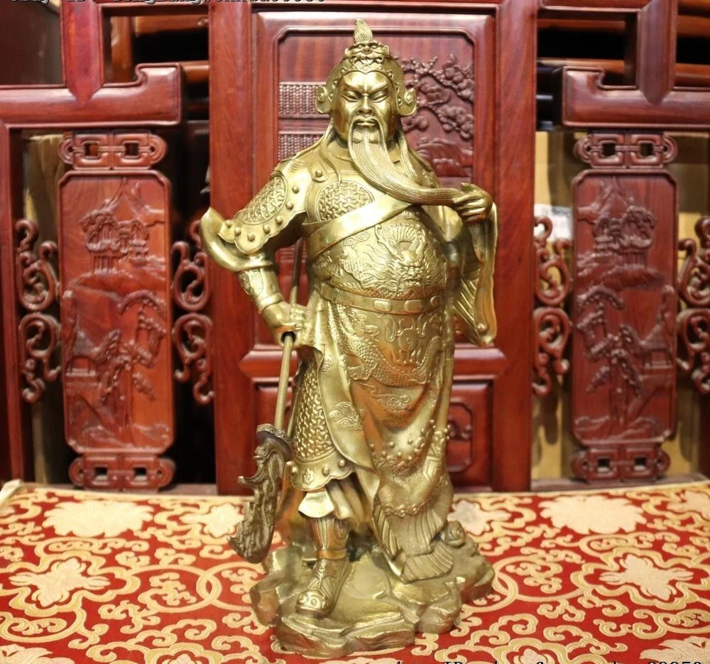 Chinese Folk Brass Copper Dragon Guan Gong Guan Yu Warrior God Hold Knife Statue