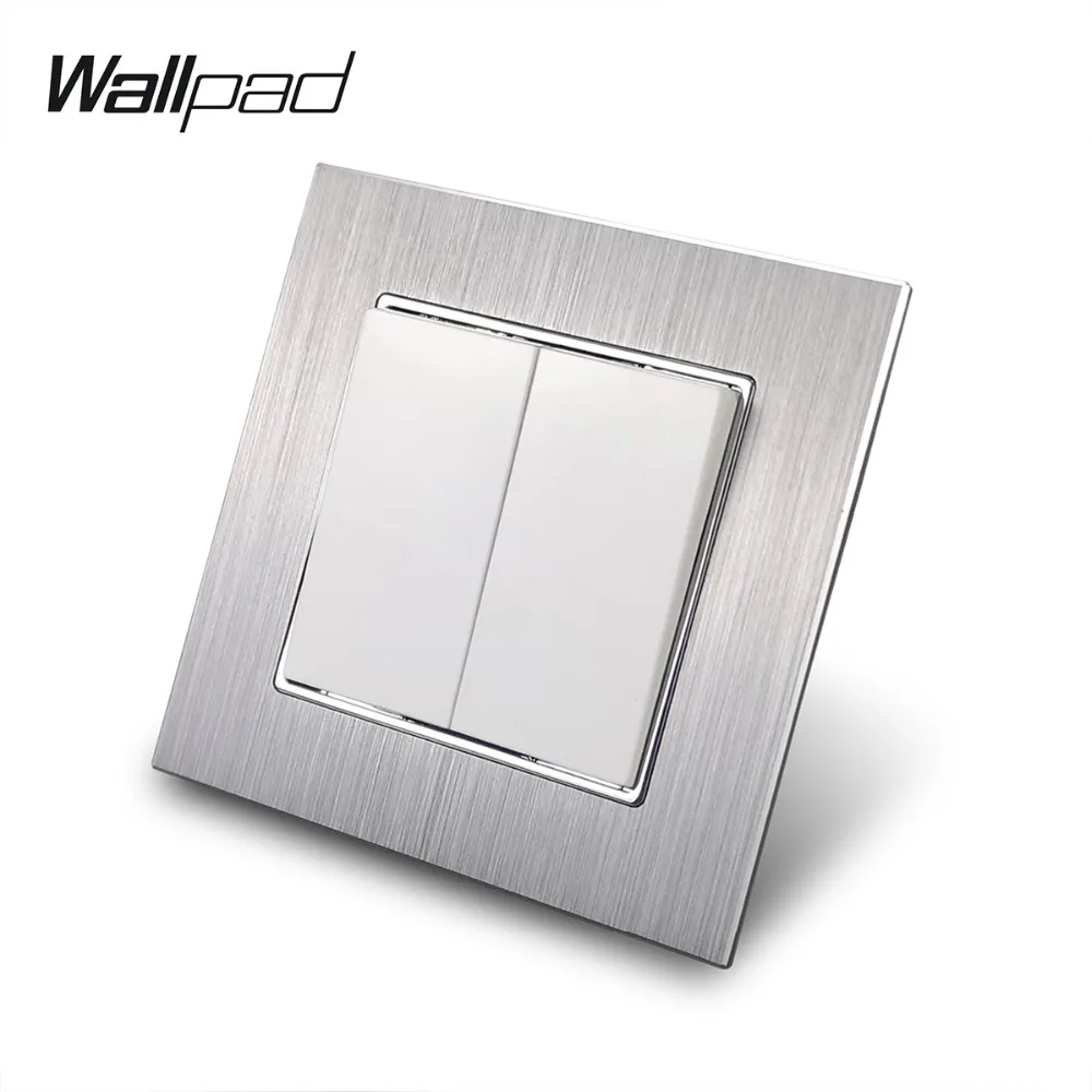 Metal 2 Gang EU Light Switch with Clip Wallpad 110-250V Silver Satin Schuko European Standard 2 Push Button 1 Way Interruptor