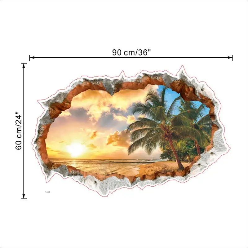 Seabeach Sunset Coconut Tree Wall Stickers For Office Shop Home Art Pvc Wall Decals Decoration Diy 3d Broken Hole Scenery Mural