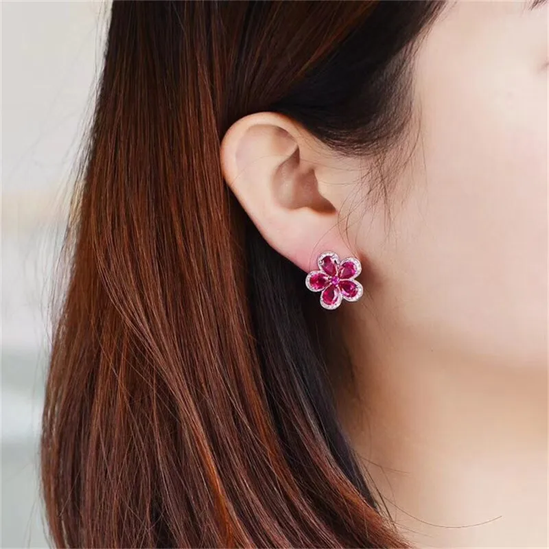 Clip Earrings For Women S925 Flower Artificial Ruby Ear Studs Vintage Bridal Wedding Brincos Fine Jewelry